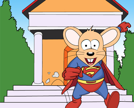 Supermouse jumps down the steps.
