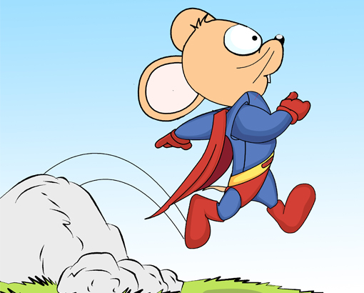Supermouse jumps over the big rock.
