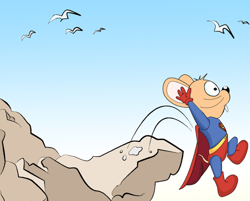 老鼠超人从一座山上起跳了。